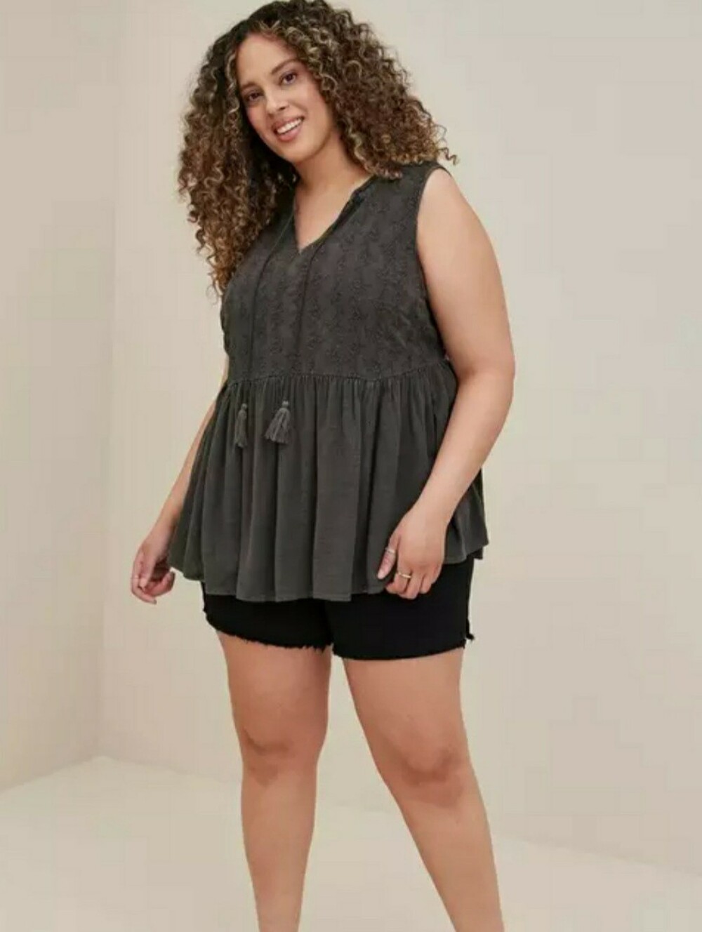 Torrid Charcoal  Peplum Slub Embroideted Slub Tie Front Tassel Tank Top